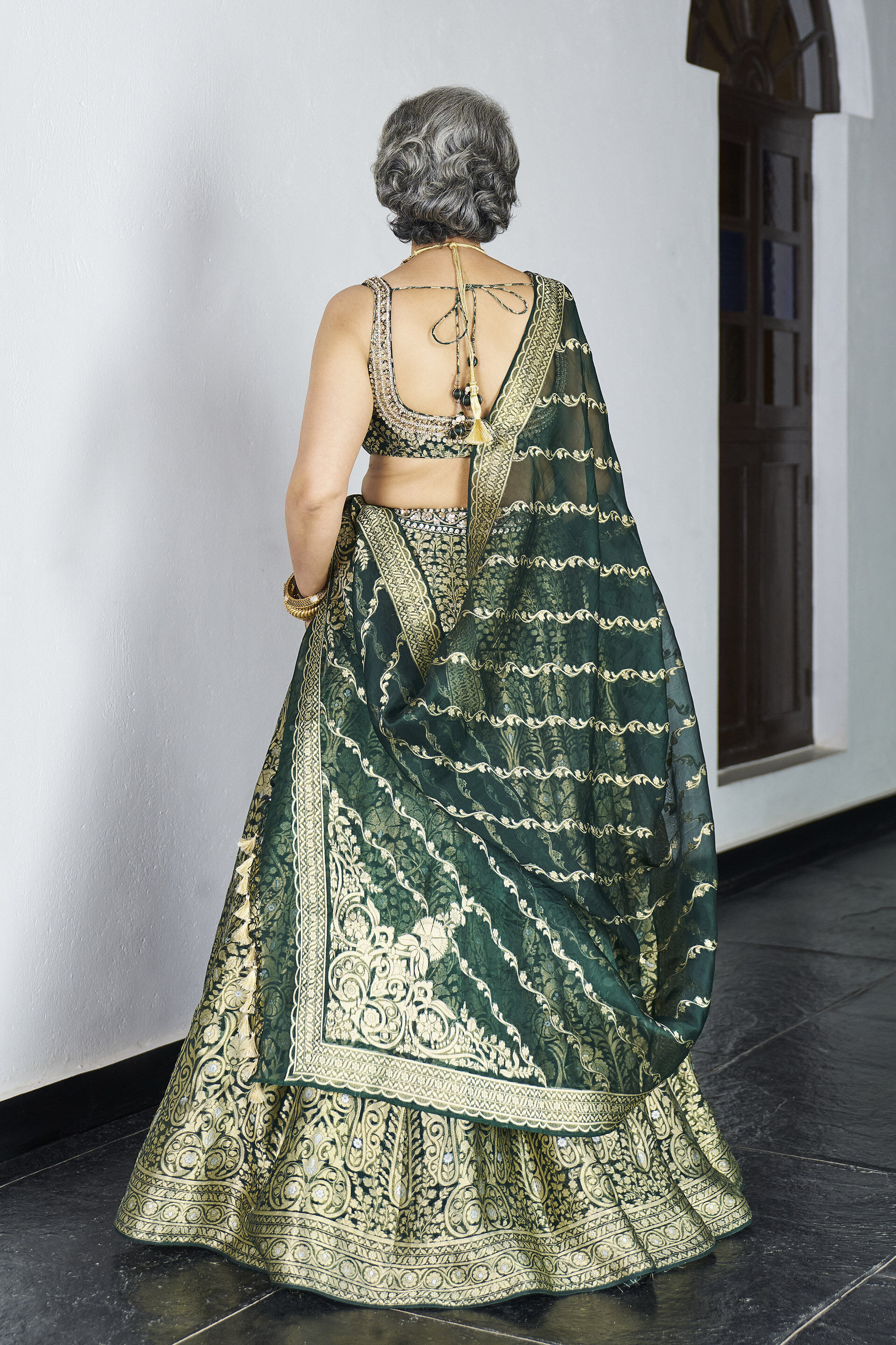 Sajni Benarasi Silk Lehenga Set - Green